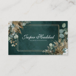 Tarjeta De Visita Esmeralda Rústica Dorada Eucalipto Blanco Floral M