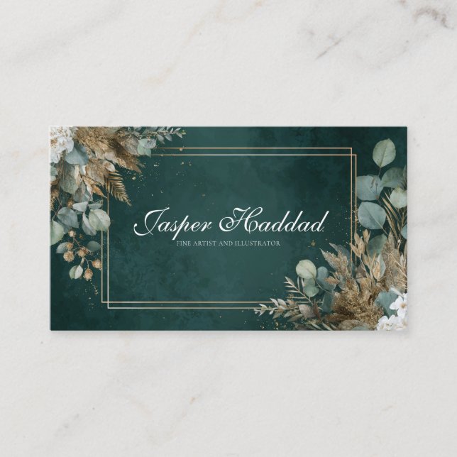 Tarjeta De Visita Esmeralda Rústica Dorada Eucalipto Blanco Floral M (Anverso)