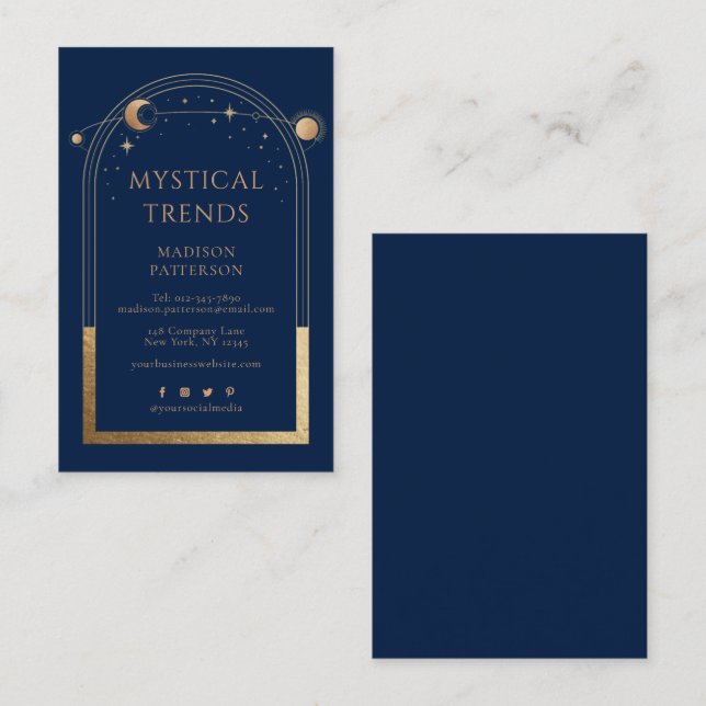 Tarjeta De Visita Espacio Astronómico Mystical Blue Gold Sun Moon (Anverso / Reverso)