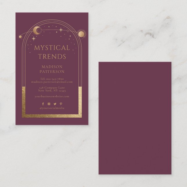 Tarjeta De Visita Espacio Astronómico Mystical Plum Gold Sun Moon (Anverso / Reverso)