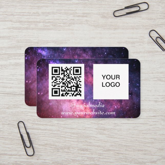 Tarjeta De Visita Espacio galáctico Redes sociales QR Código morado  (Anverso/Reverso In Situ)