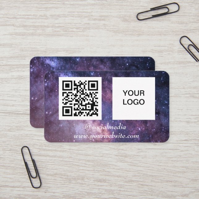 Tarjeta De Visita Espacio galáctico Redes sociales QR Código morado  (Anverso/Reverso In Situ)