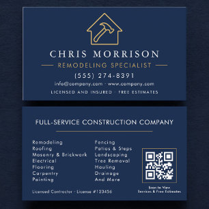 Tarjeta De Visita Especialista en remodelación Código QR Azul Marino