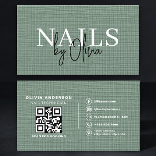 Tarjeta De Visita Especialista en Uñas Código QR Verde Sage Lino
