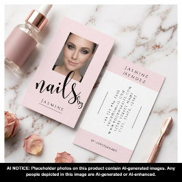 Tarjeta De Visita Especialista en uñas de foto con guión negro rosa