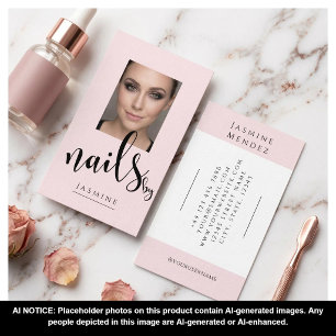 Tarjeta De Visita Especialista en uñas de foto con guión negro rosa