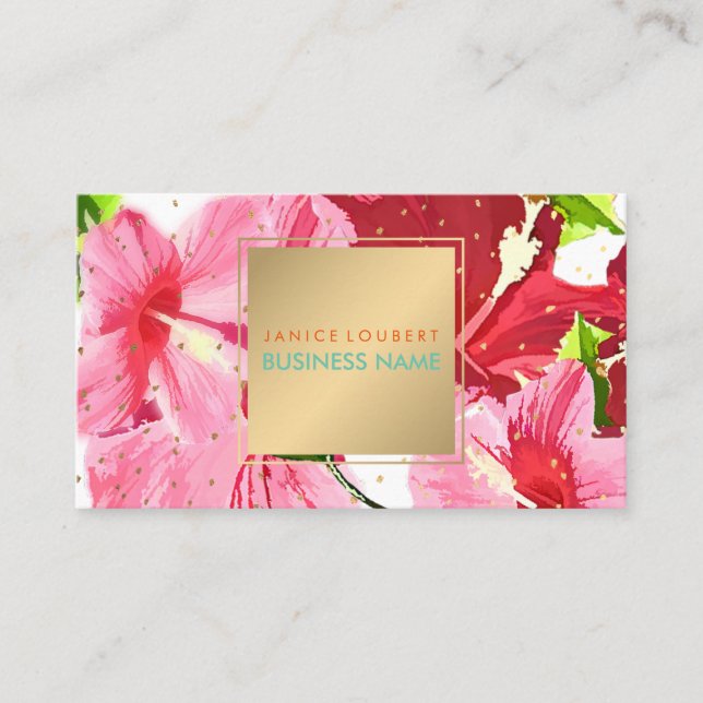 Tarjeta De Visita Espectros rosados/rojos/hibiscos/dorados (Anverso)
