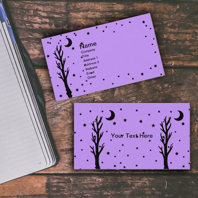 Tarjeta De Visita Espeluznantes Estrellas de luna de árbol negro mor (Spooky black barren tree black crescent moon stars on purple business cards.)