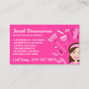 Tarjeta De Visita Esquema rosa Janitorial Lady Personalizado Limpiez