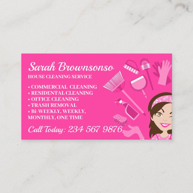 Tarjeta De Visita Esquema rosa Janitorial Lady Personalizado Limpiez (Anverso)