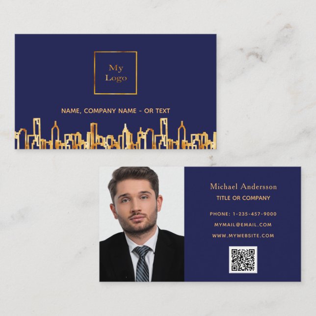 Tarjeta De Visita Esquina de oro azul marino propiedad inmobiliaria  (Anverso / Reverso)