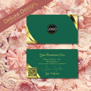 Tarjeta De Visita Esquinas de oro con logotipo y código QR en azul t