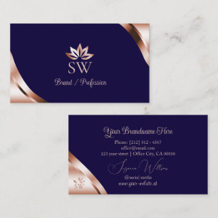 Tarjeta De Visita Esquinas de oro rosa en azul profundo con monogram