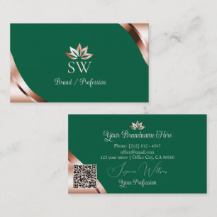 Tarjeta De Visita Esquinas de Oro Rosa Verde Marino Monograma y Códi