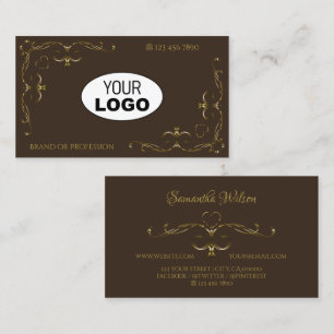 Tarjeta De Visita Esquinas ornamentadas de oro lujoso marrón oscuro 