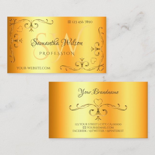 Tarjeta De Visita Esquinas Ornamentadas Iniciales Luminosas Naranja  (Anverso / Reverso)