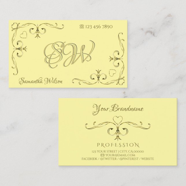 Tarjeta De Visita Esquinas ornamentadas y llamativas con iniciales e (Anverso / Reverso)