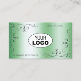 Tarjeta De Visita Esquinas Ornatas Plateadas con Logotipo Verde Lumi