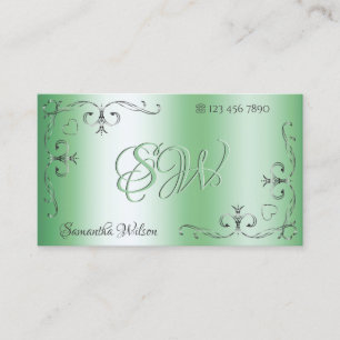 Tarjeta De Visita Esquinas Ornatas Plateadas Iniciales Moda Verde Lu