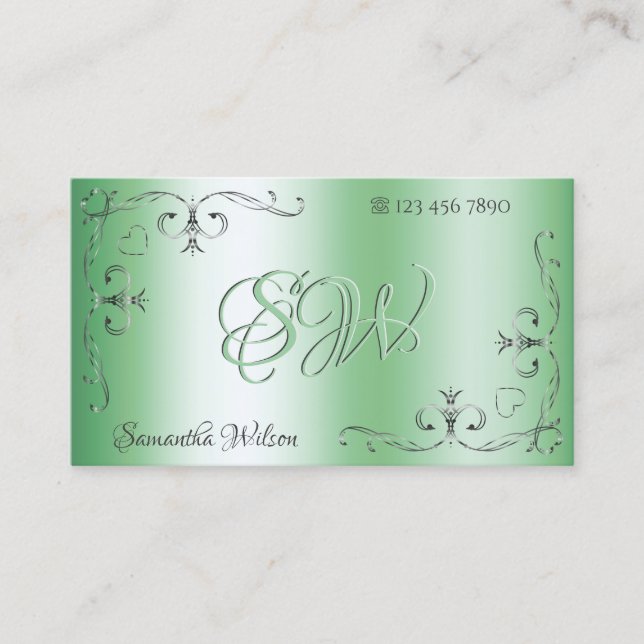 Tarjeta De Visita Esquinas Ornatas Plateadas Iniciales Moda Verde Lu (Anverso)