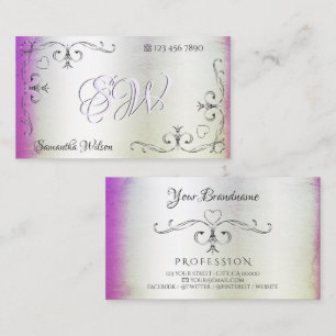 Tarjeta De Visita Esquinas Ornatas Plateadas Iniciales Shimmer Púrpu