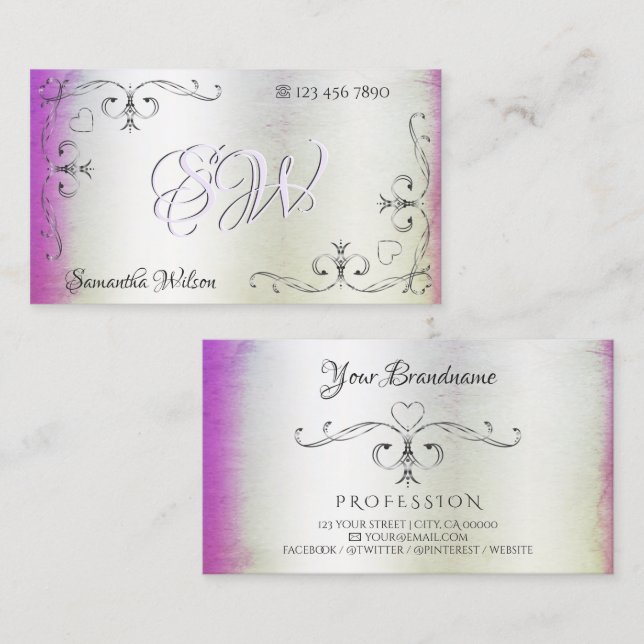 Tarjeta De Visita Esquinas Ornatas Plateadas Iniciales Shimmer Púrpu (Anverso / Reverso)