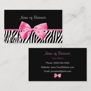 Tarjeta De Visita Estampado de cebra negro y blanco con lazo rosa de
