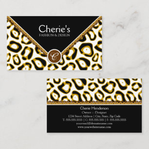 Tarjeta De Visita Estampado de leopardo elegante y monograma de enca