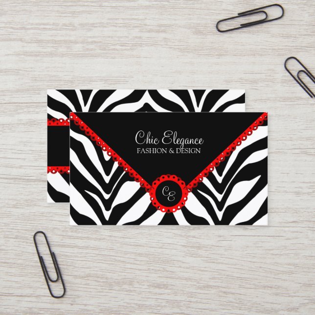 Tarjeta De Visita Estampado de zebra elegante y cordón rojo (Anverso/Reverso In Situ)