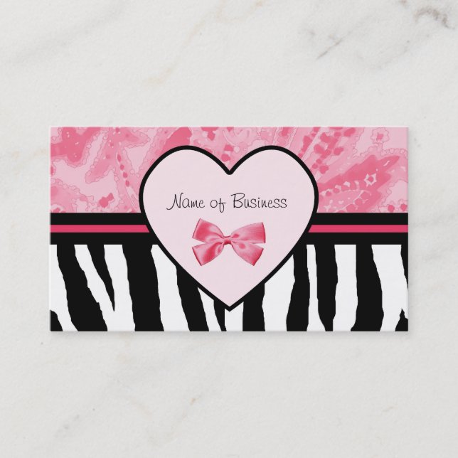 Tarjeta De Visita Estampado de zebra rosado y negro de moda con la (Anverso)