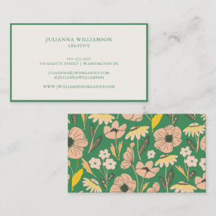 Tarjeta De Visita Estética floral silvestre rosa verde dibujada a ma