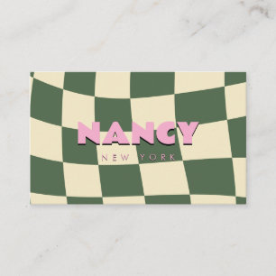 Tarjeta De Visita Estética Vintage Ondulada Cuadrícula Rosa Verde