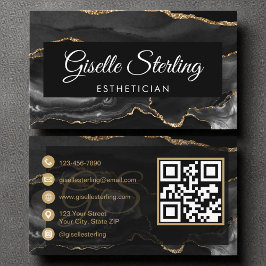 Tarjeta De Visita Estetician QR Code Black Gold Agate Luxury