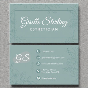 Tarjeta De Visita Esteticismo Verde azulado de línea floral de escri