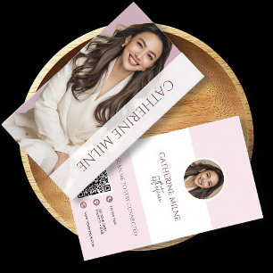 Tarjeta De Visita Esteticista Beautician Código QR rosa y foto