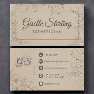 Tarjeta De Visita Esteticista beige gamuza arte de línea floral escr