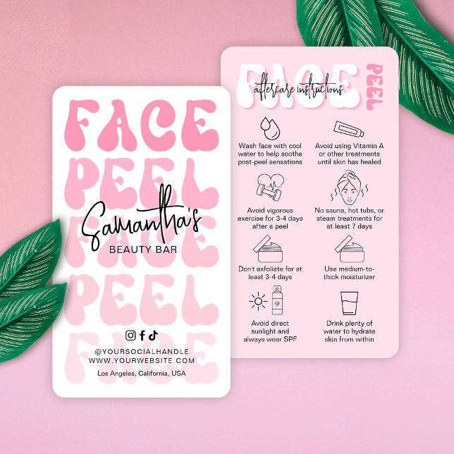 Tarjeta De Visita Esteticista de despreocupado por la cara rosada de (Trendy face peel aftercare cards featuring pink hues, retro fonts and beauty care icons)