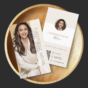 Tarjeta De Visita Esteticista de fotografía y código QR Beige
