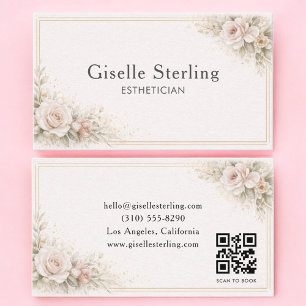 Tarjeta De Visita Esteticista Floral Neutral Código QR Profesional