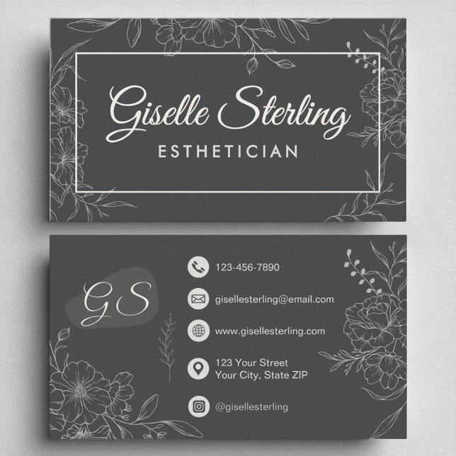 Tarjeta De Visita Esteticista Moody Carbón Carbón Gris Floral modern (Subido por el creador)