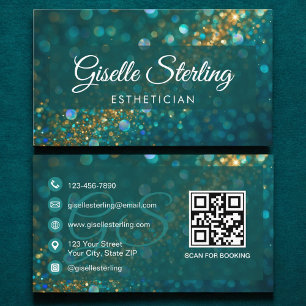 Tarjeta De Visita Esteticista Verde azulado Purpurina de oro QR Códi
