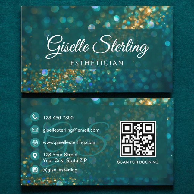 Tarjeta De Visita Esteticista Verde azulado Purpurina de oro QR Códi (Subido por el creador)