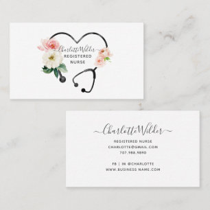 Tarjeta De Visita Estetoscopio floral acuarela Enfermera registrada