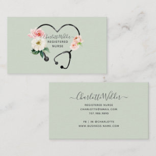 Tarjeta De Visita Estetoscopio floral acuarela Enfermera registrada