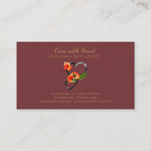 Tarjeta De Visita Estetoscopio Floral Burgundy Gold Enfermera Cuidad