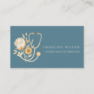Tarjeta De Visita Estetoscopio Floral Cuidadora Enfermera Azul 