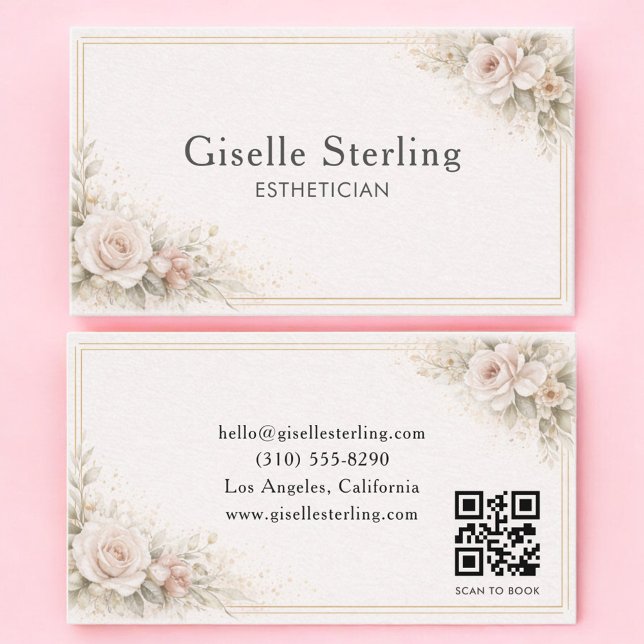 Tarjeta De Visita Esthetician Floral Neutral QR Code Professional (Subido por el creador)