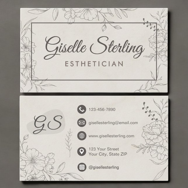 Tarjeta De Visita Esthetician Marble Stone Floral Line Art Script (Subido por el creador)