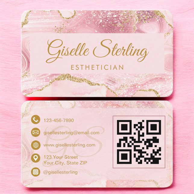 Tarjeta De Visita Esthetician Pink Gold Agate QR Code (Subido por el creador)