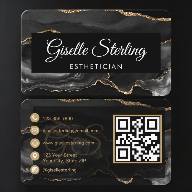Tarjeta De Visita Esthetician QR Code Black Gold Agate Luxury  (Subido por el creador)